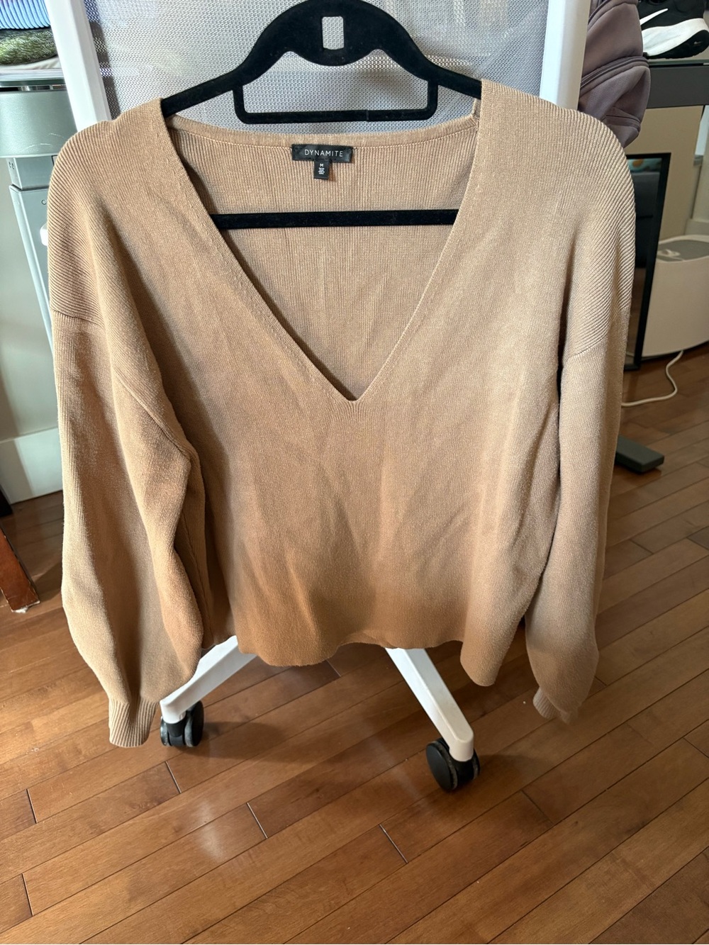 Dynamite V-Neck top with balloon style sleeves in Camel Tan